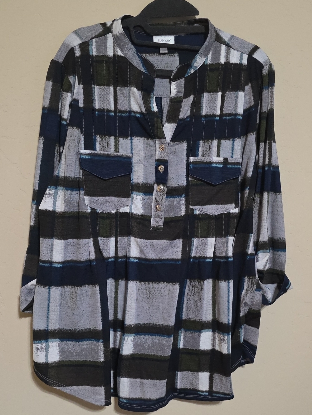 Avenue Navy, Black & Gray Plaid Henley Top